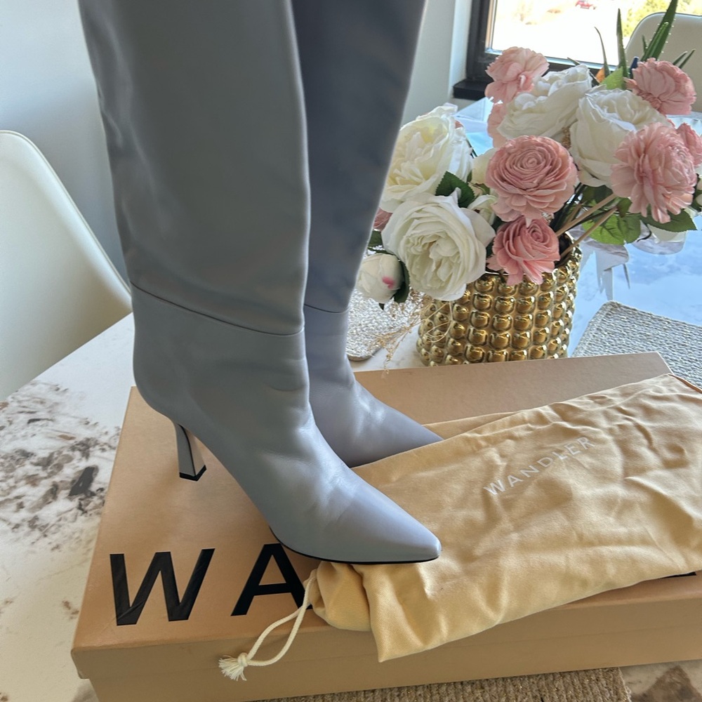 Wandler Light Gray Pointed-Toe Over-the-Knee Leather Boots